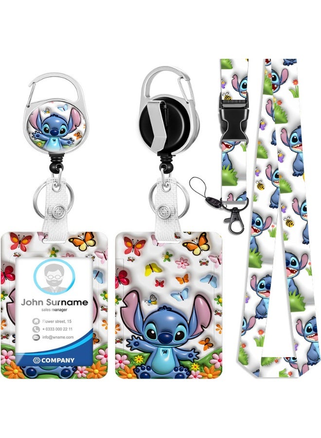 Disney A 3-in-1 Disney Stitch logo white plastic ID holder with a butterfly, featuring a lanyard, retractable ID roll, keychain, and extension chain - suitable for workers, students, bus drivers, doctors, nurses, and more. - Image 1